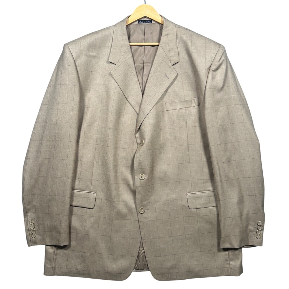 Adolfo Blazer Mens 48L Tan Silk Wool Windowpane 3-Button Sport Coat‎